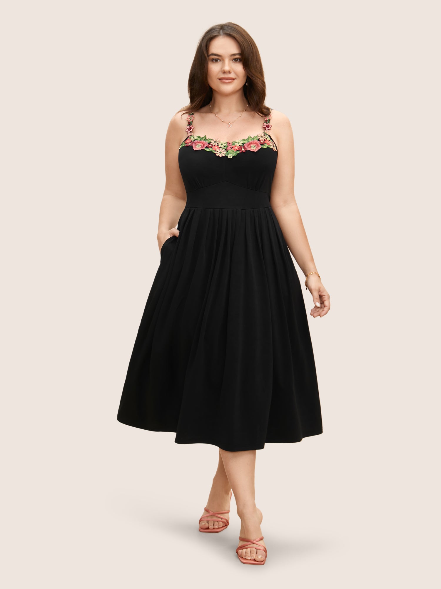 Floral Embroidered Pocket Midi Cami Dress