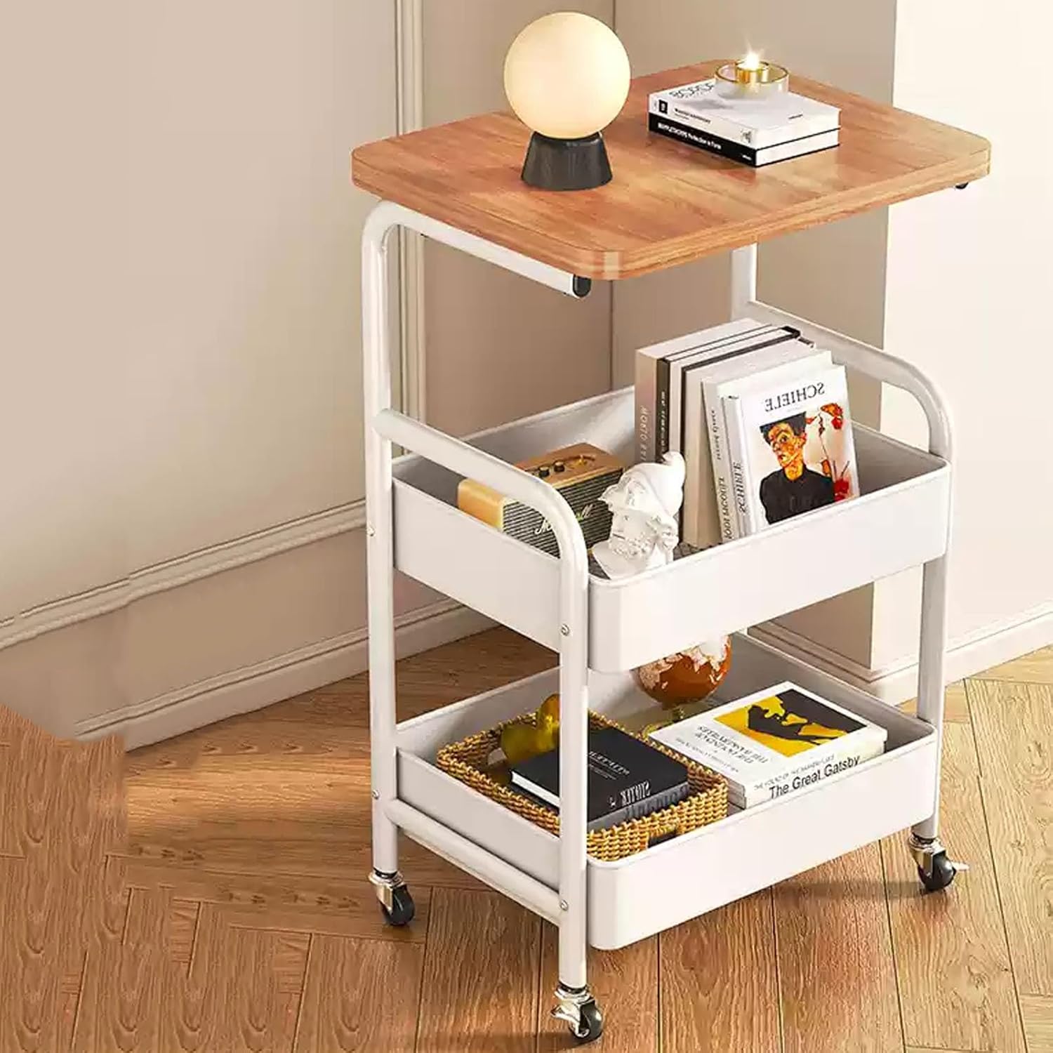 Mobile Side Table 30in Square Endtable with 3 Tier Wood Open Shelf