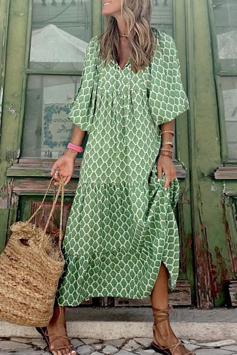 Casual Geometric Frenulum Flounce V Neck A Line Dresses(7 Colors)