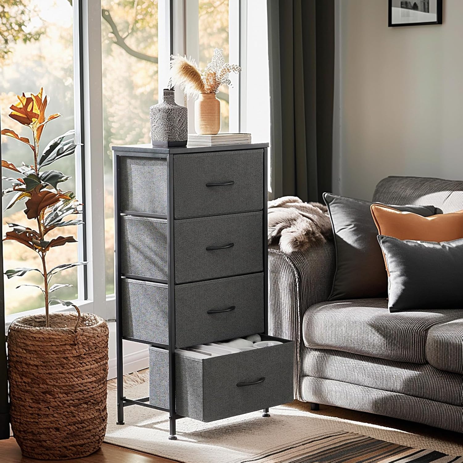 Nightstand Small Bedroom Dresser with 4 Fabric Drawers