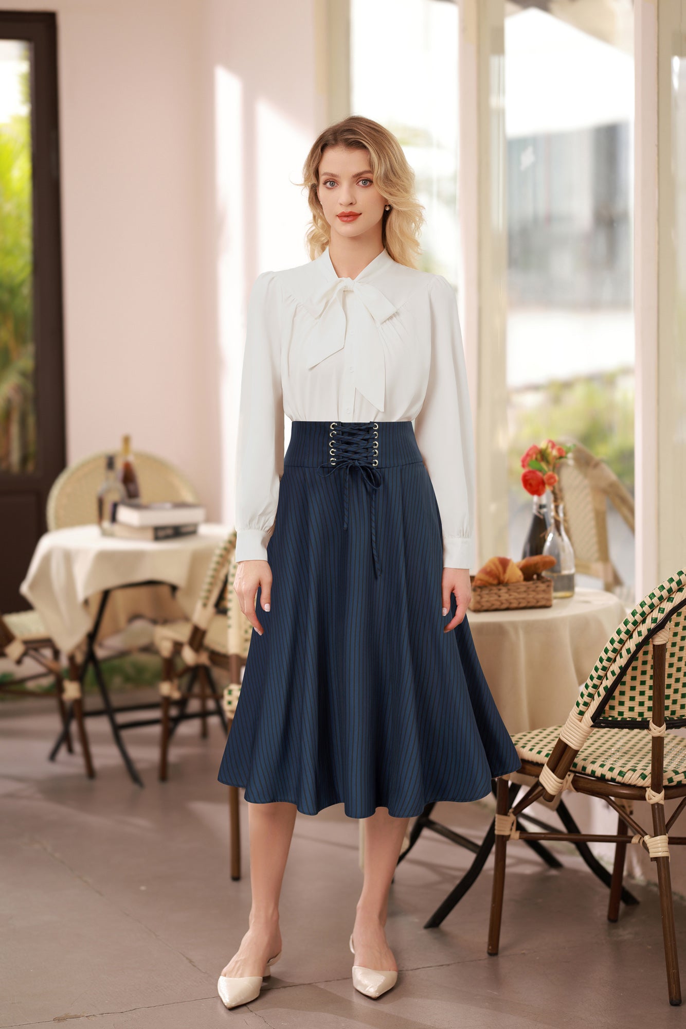 Vintage High Waist Striped Skirt Wide Waistband Flared A-Line Skirt