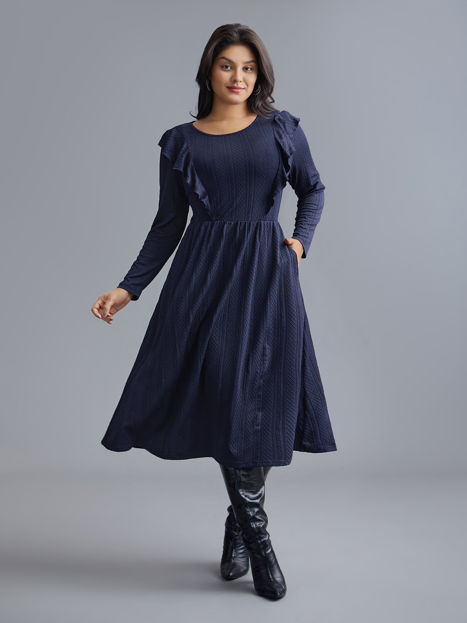 Plain Crew Neck Ruffle Trim Plisse Dress