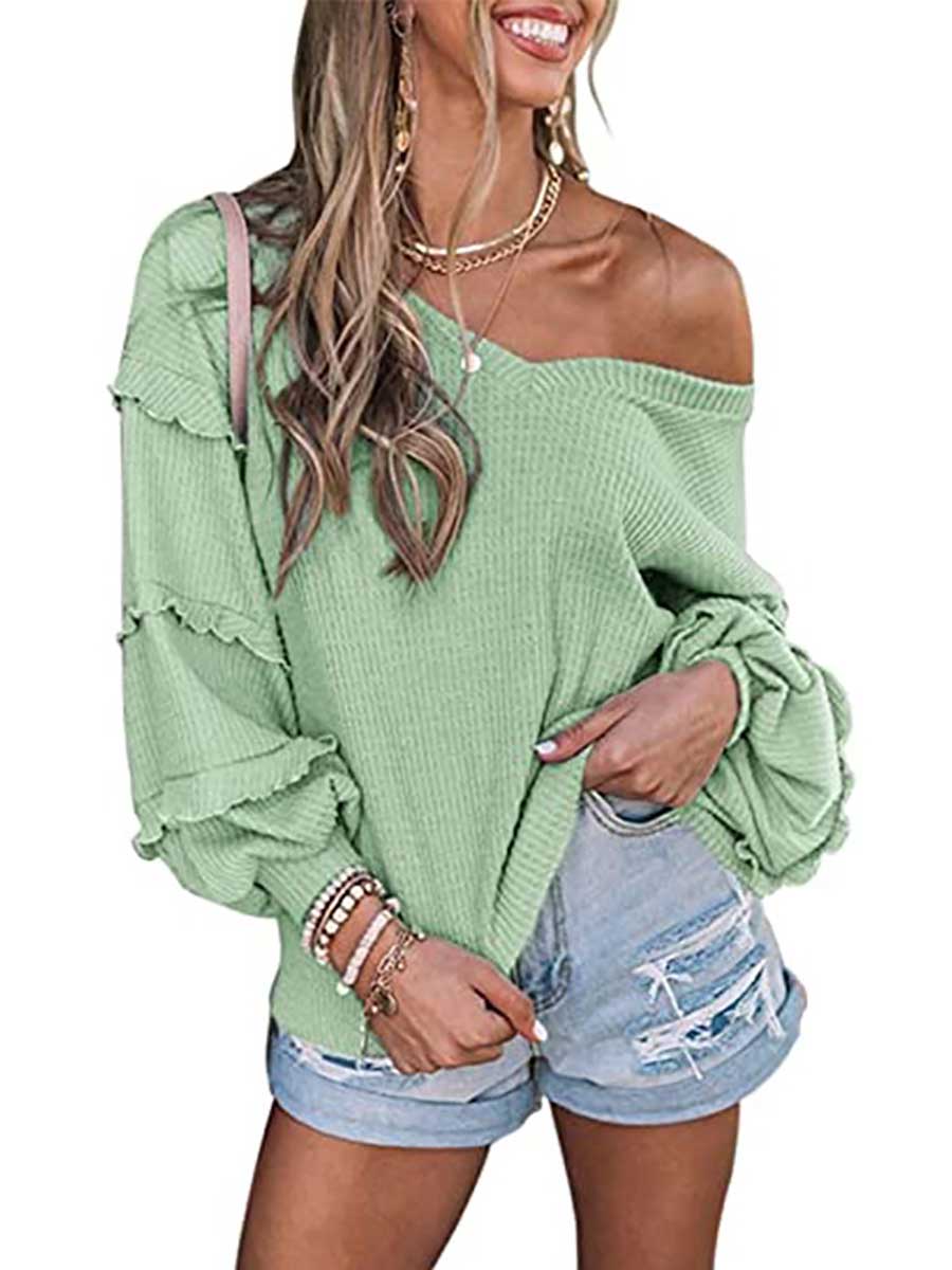 Waffle V-Neck Ruffle Lantern Sleeve Top