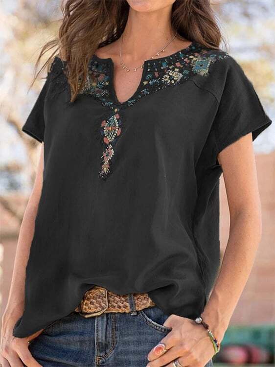 Boho Short Sleeve Embroidered V Neck Shirts Tops