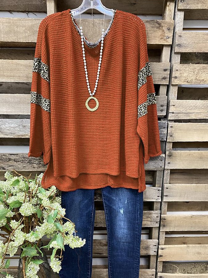 Leopard Stitching Design Waffle Long-Sleeved Shirt