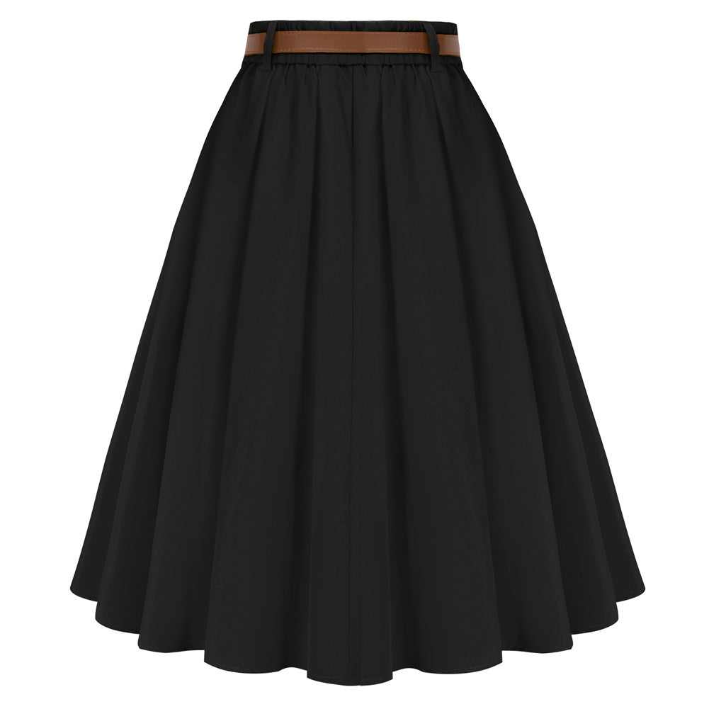 Swing Skirt with Belt Elastic High Waist Buttons Decorated Skirt