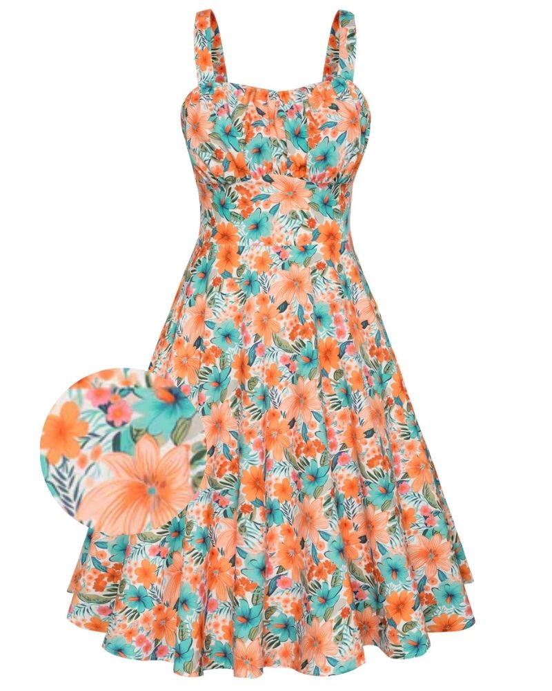 Vintage Floral Patterns Two-Way Defined Waist Dress Ruched Bodice Flared A-Line Dress