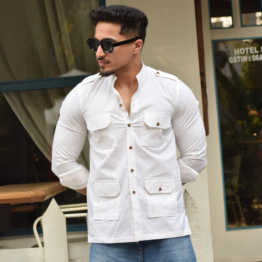 Off-White Cotton Hunting Style Shirt with Multicolor Dots