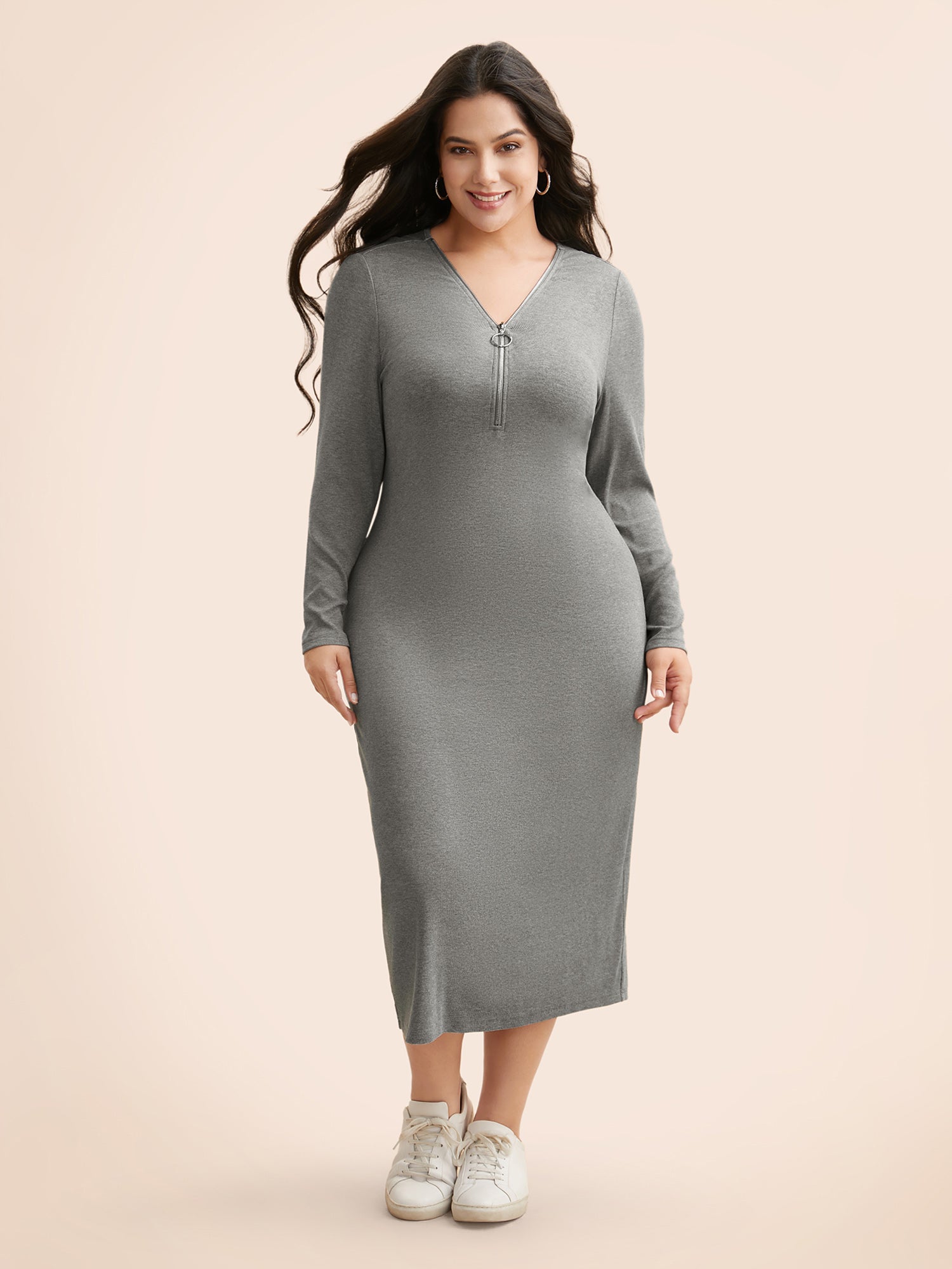 Solid Knit Zipper Midi Dress