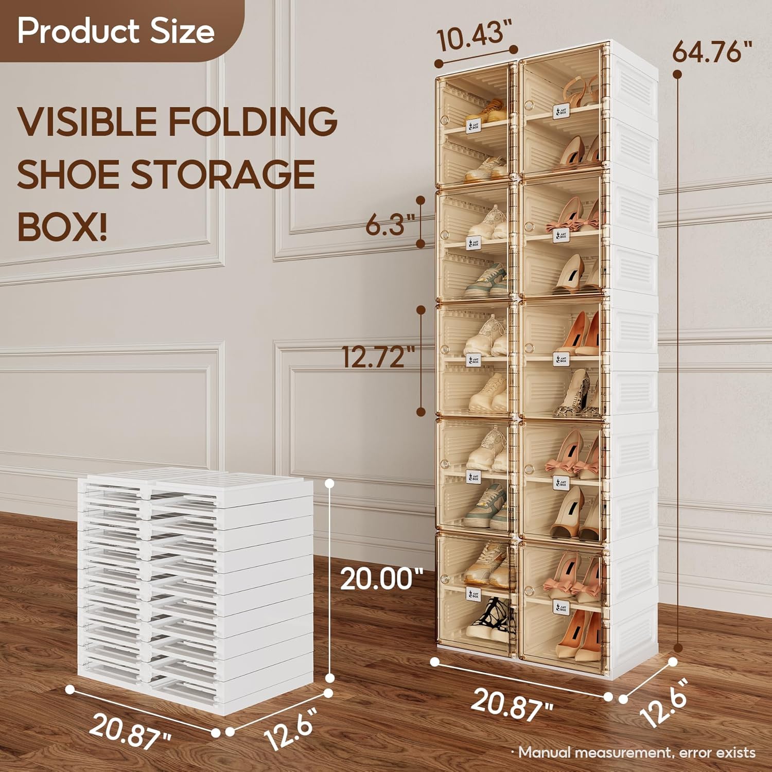ANTBOX Shoe Organizer Storage Box, Portable Folding Shoe Rack For Closet With Magnetic Clear Door