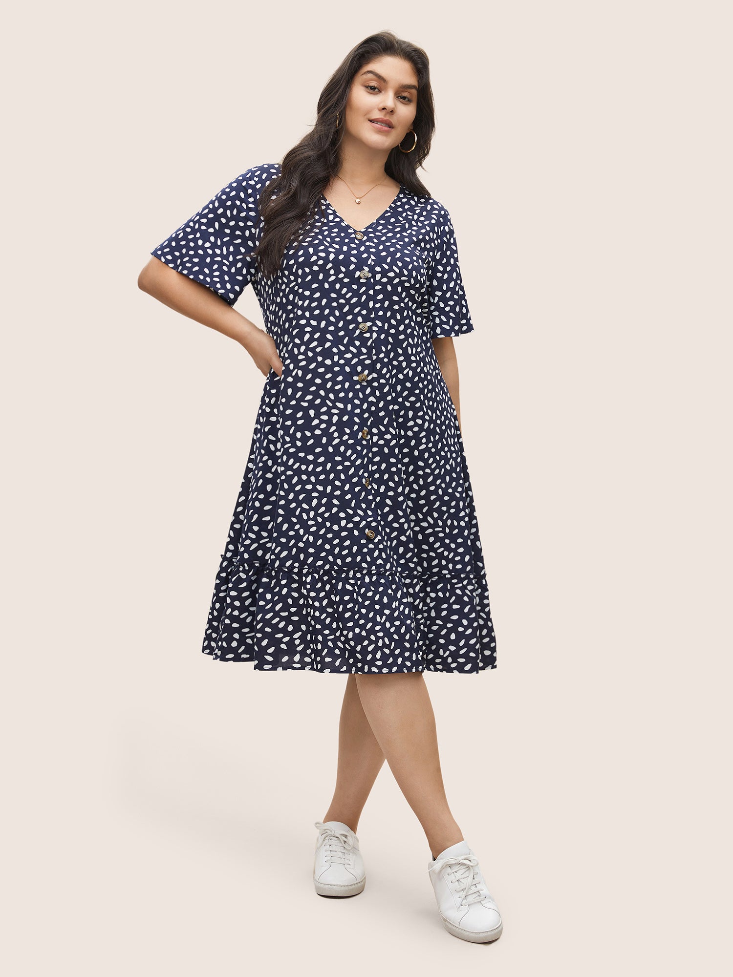 Polka Dot Button Detail Flutter Layered Hem Dress