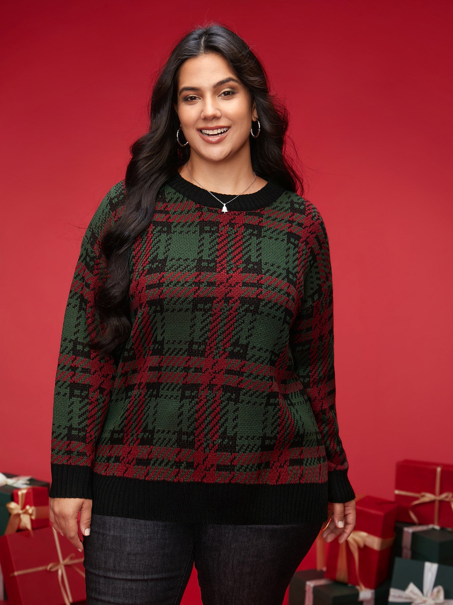 Jacquard Plaid Contrast Hemline Pullover