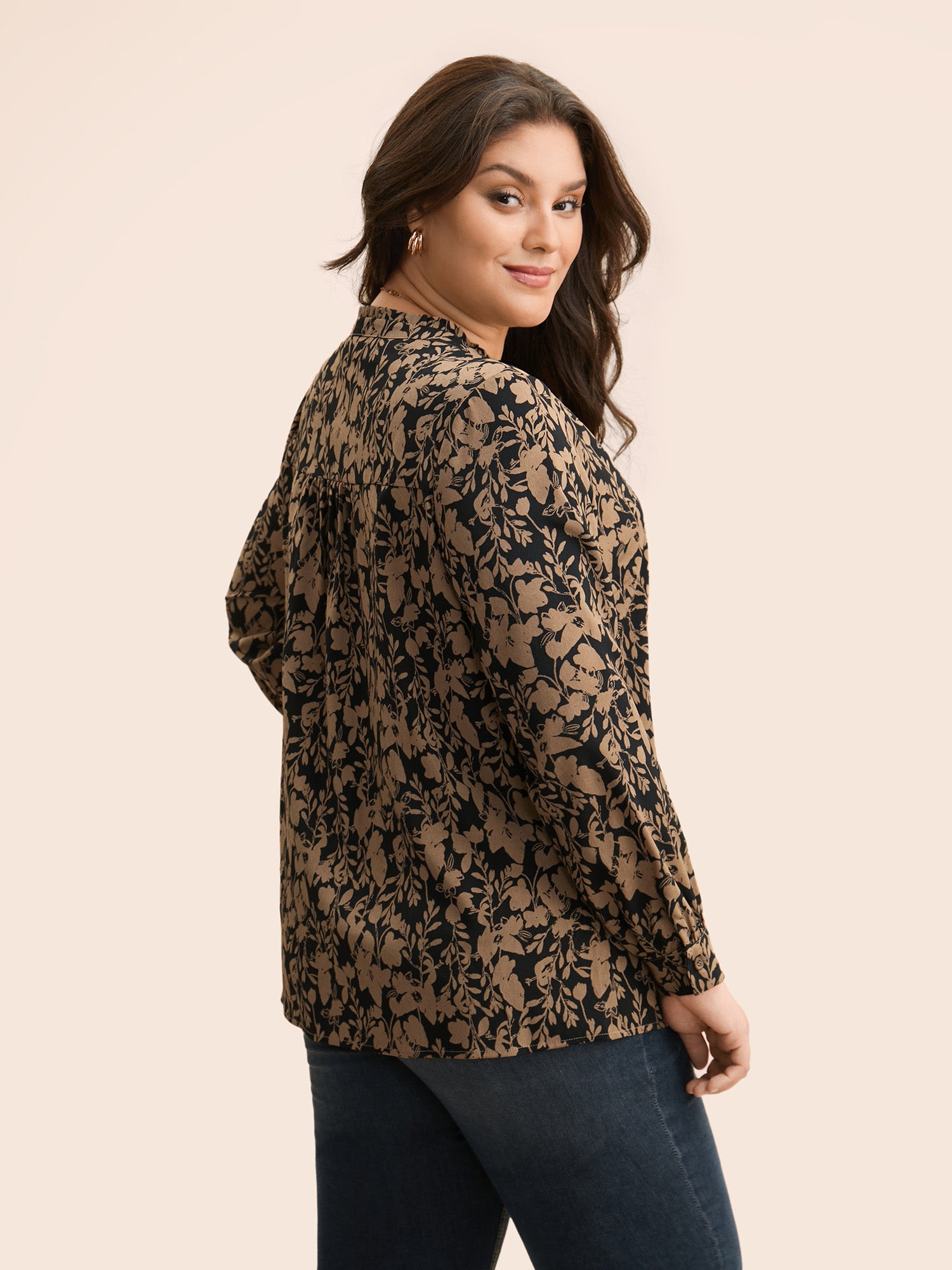 Silhouette Floral Print Notched Frill Trim Blouse