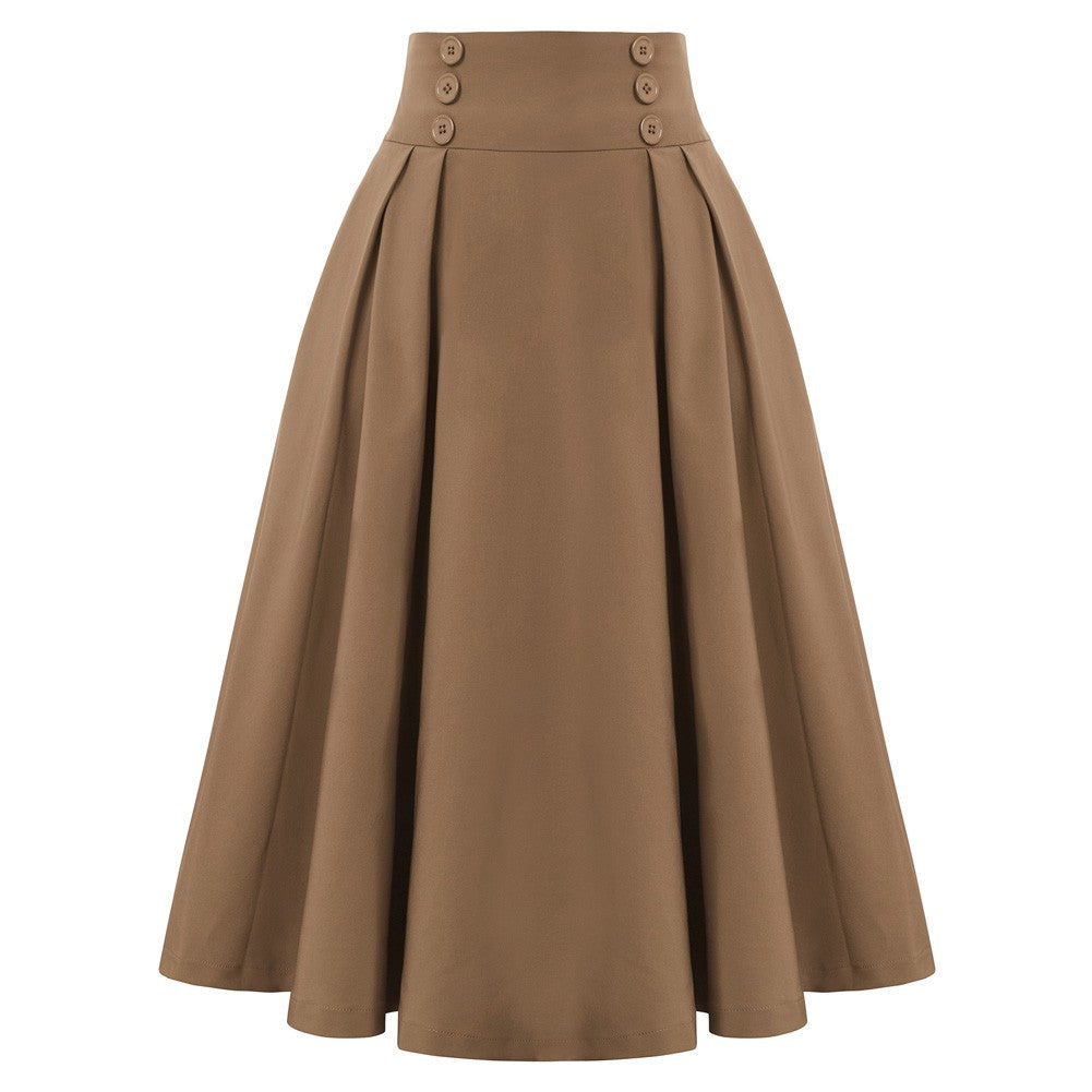 Cherry Patterns Pleated Buttons Decorated Elastic Waist High Waist Swing A-Line Skirt with Pockets