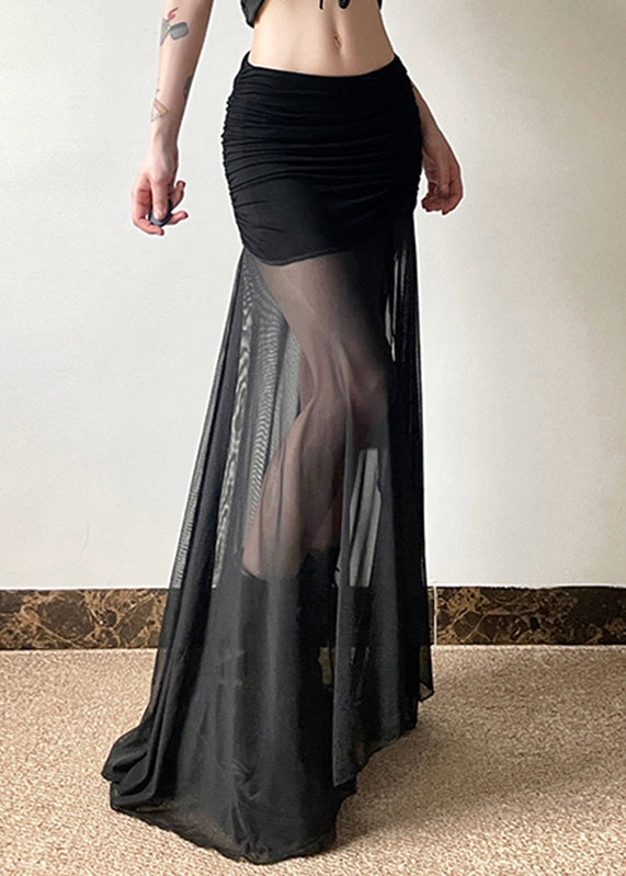 Women Black Elastic Waist Wrinkled Tulle Patchwork Maxi Skirt Summer