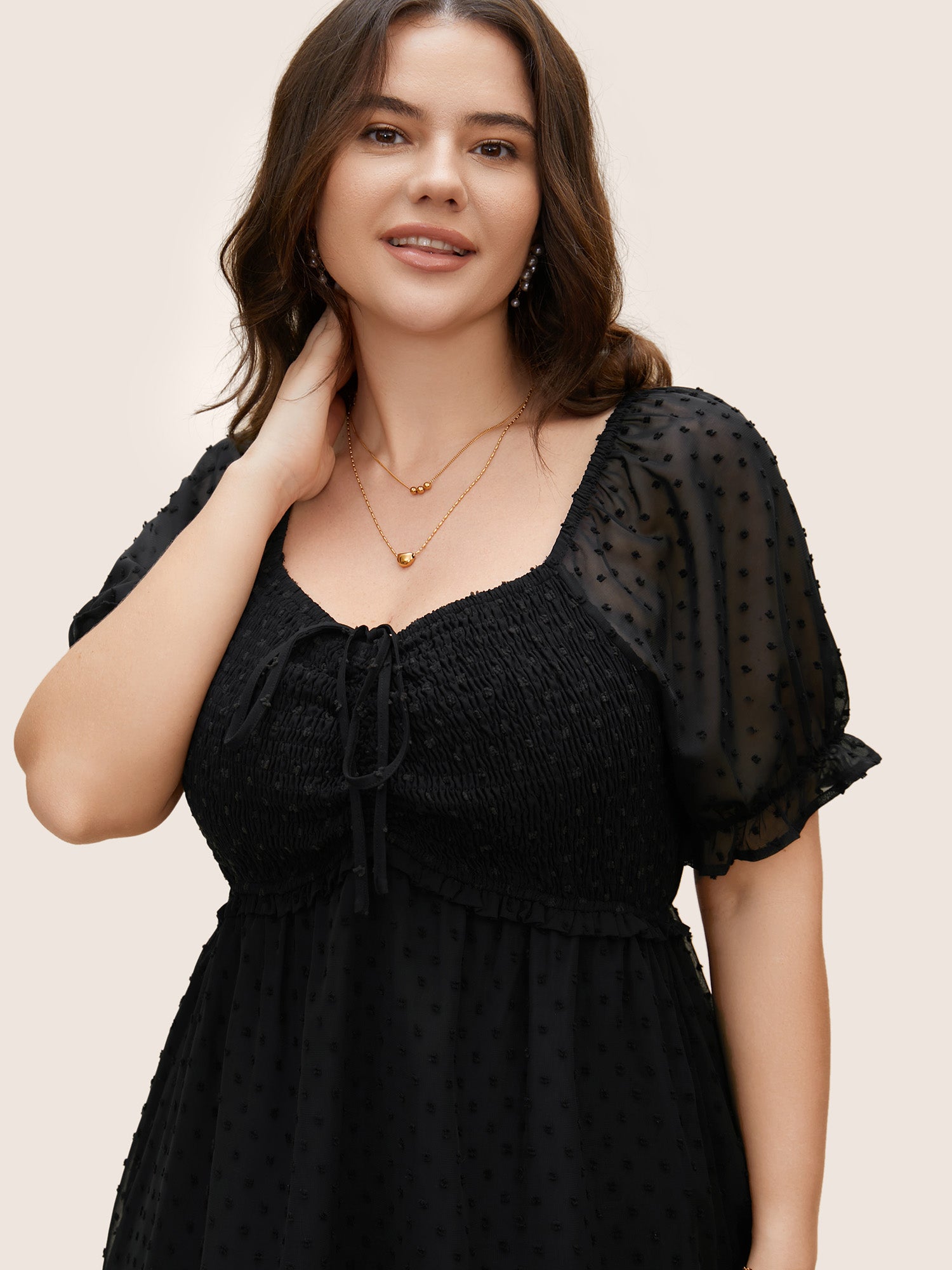 Polka Dot Textured Mesh Shirred Drawstring Dress