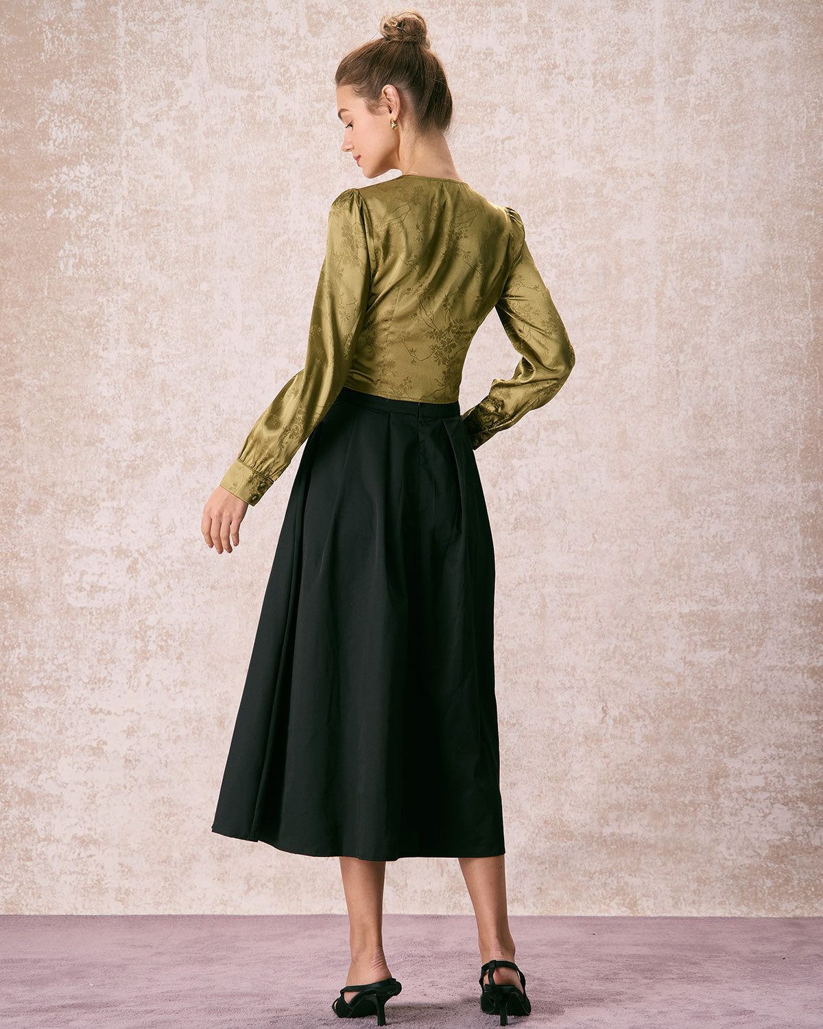 The Green V Neck Jacquard Satin Blouse