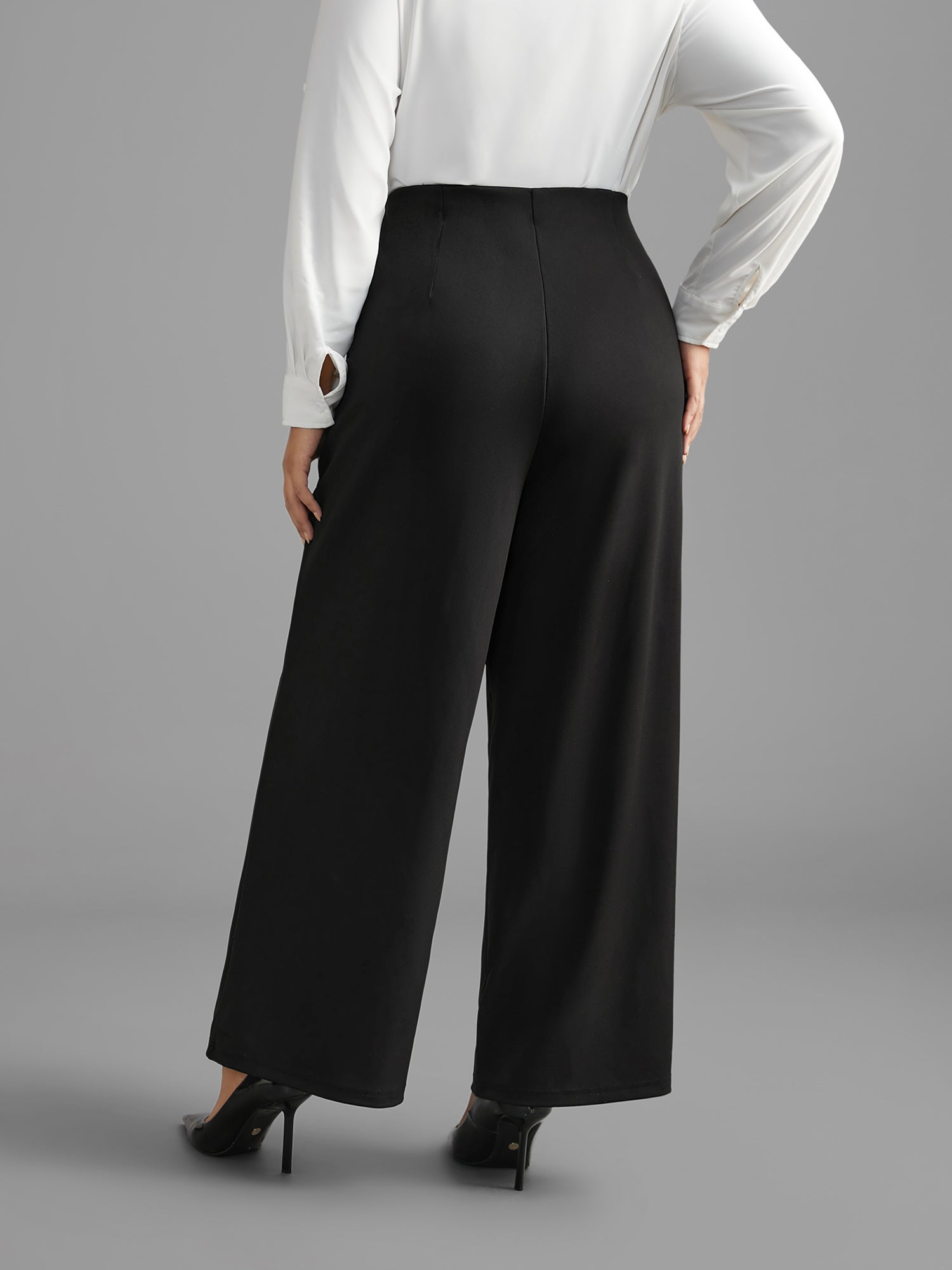 Solid Elastic Waist Pleated Wide Leg Pants