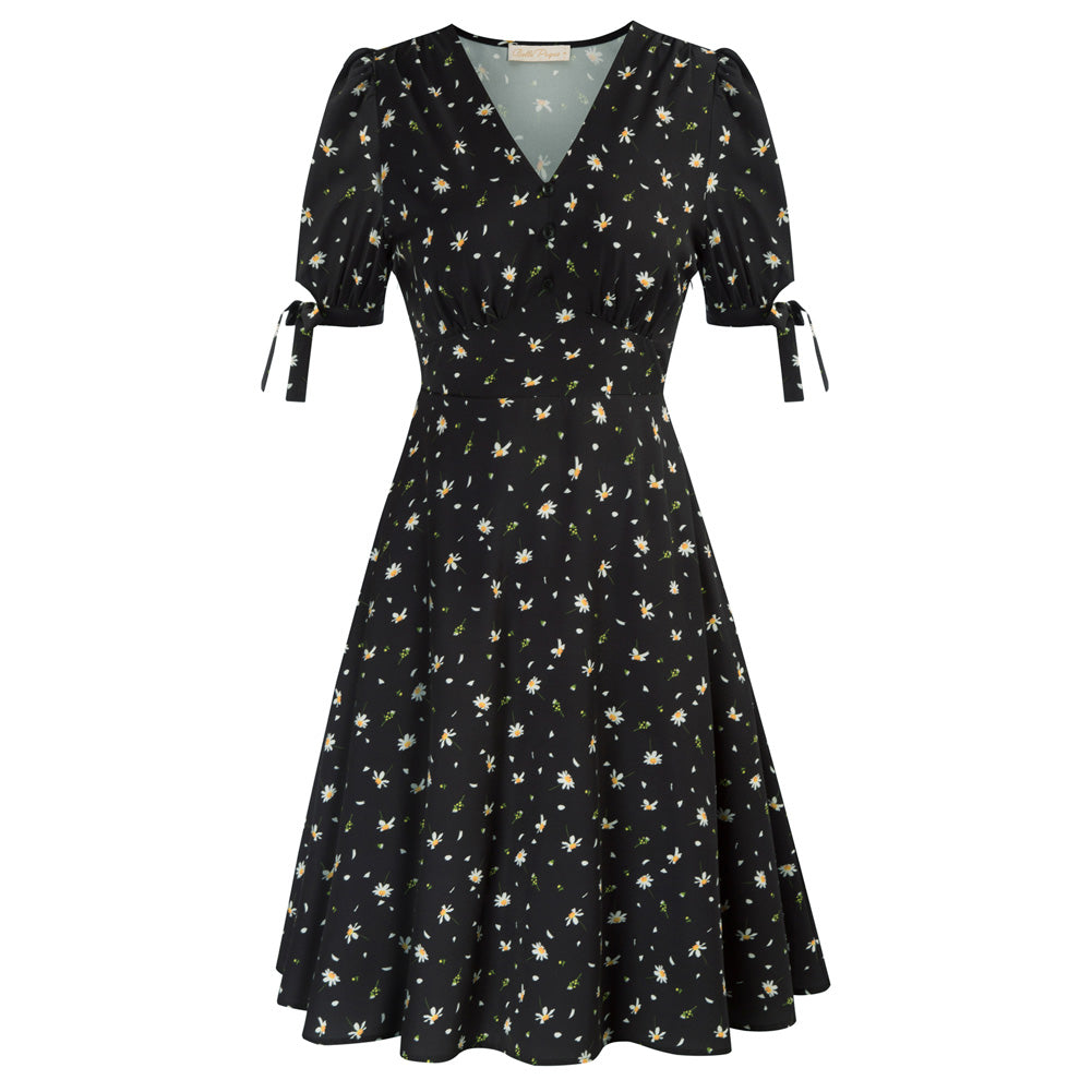 Strawberry Printed Defined Waist Dress Short Sleeve V-Neck Flared A-Line Dress