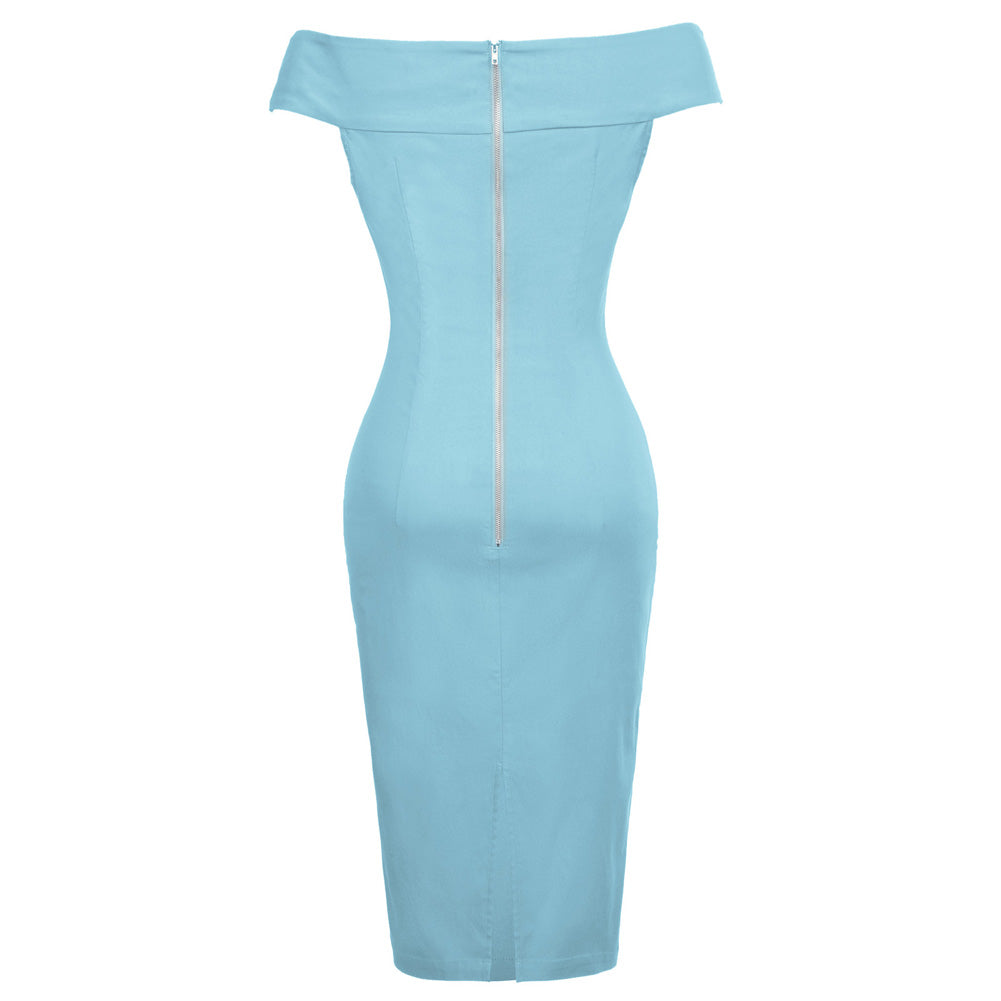 1950s Retro Off-Shoulder Hip-Wrap Slim Bodycon Dress