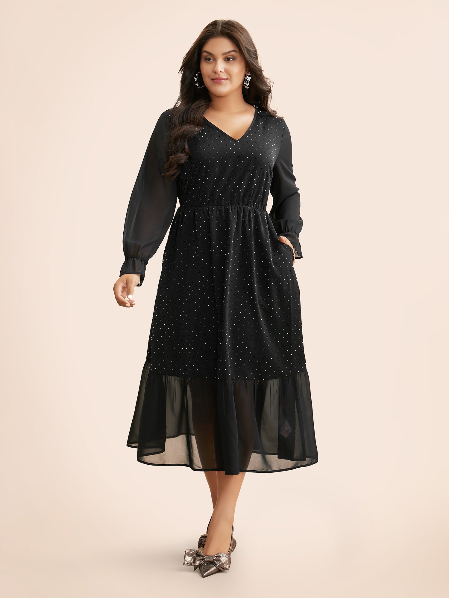 V Neck Rhinestone Patchwork Ruffles Dress