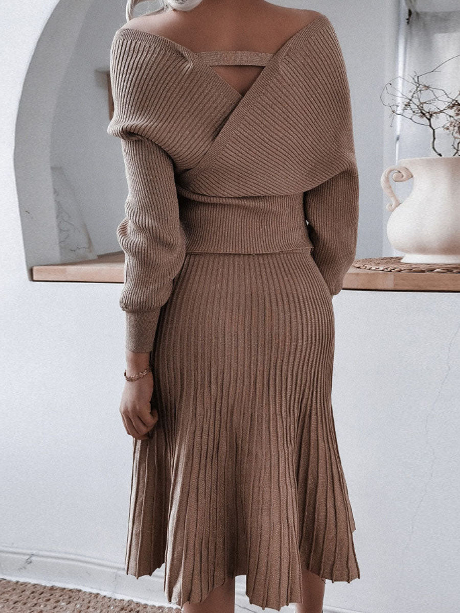 Fashion Casual Solid Fold V Neck Long Sleeve Two Pieces(3 colors)