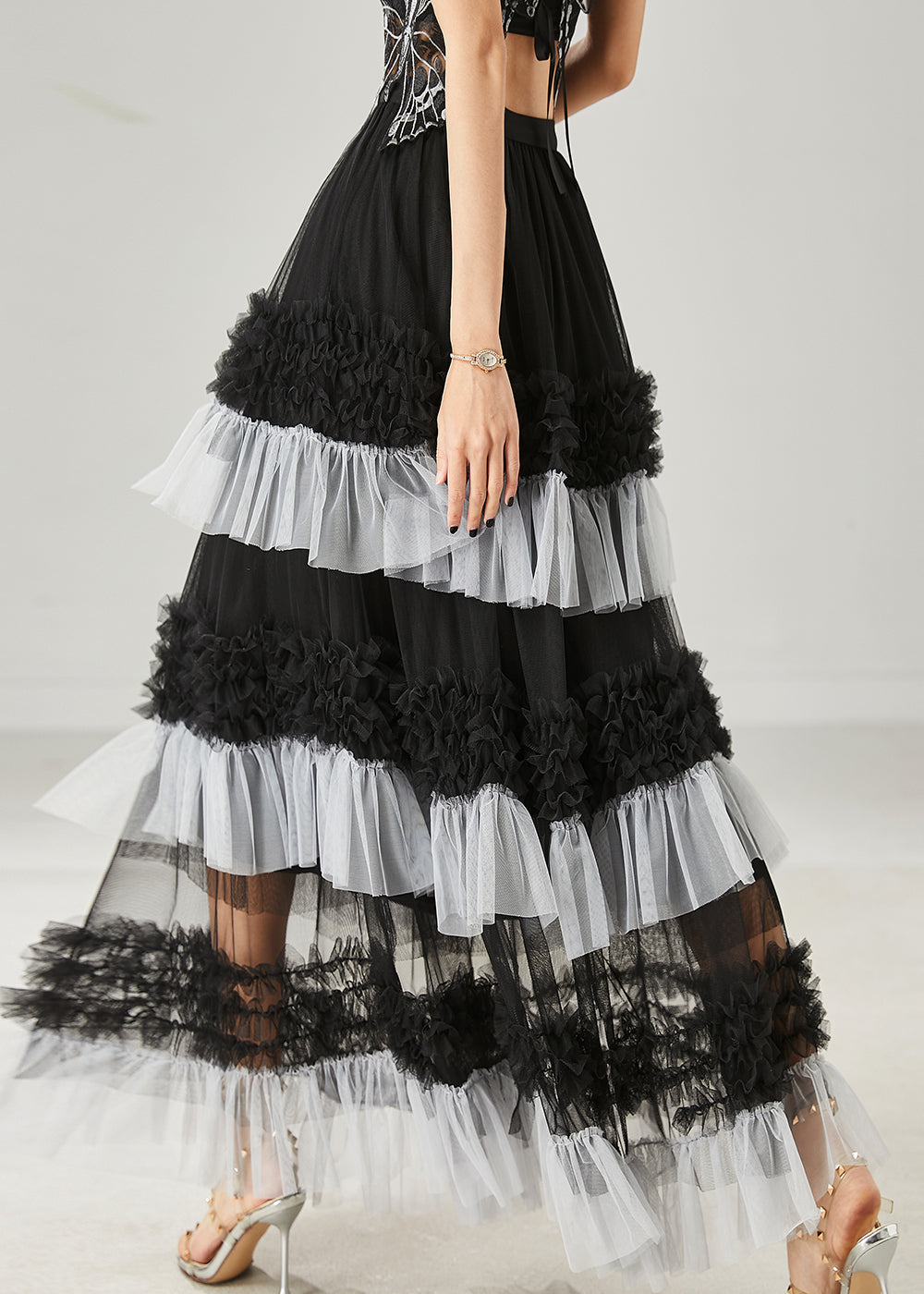 Black Patchwork Tulle Beach Skirt Ruffled Summer