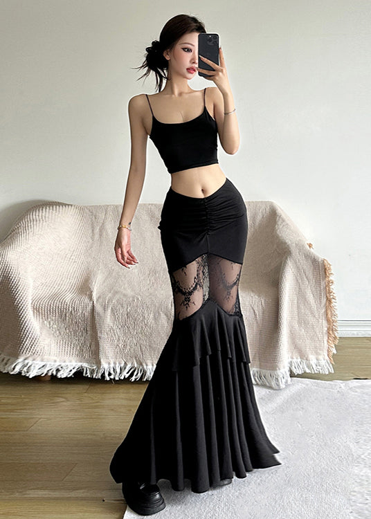 Black Tulle Patchwork High Waisted Wrap Buttocks Fishtail Skirt