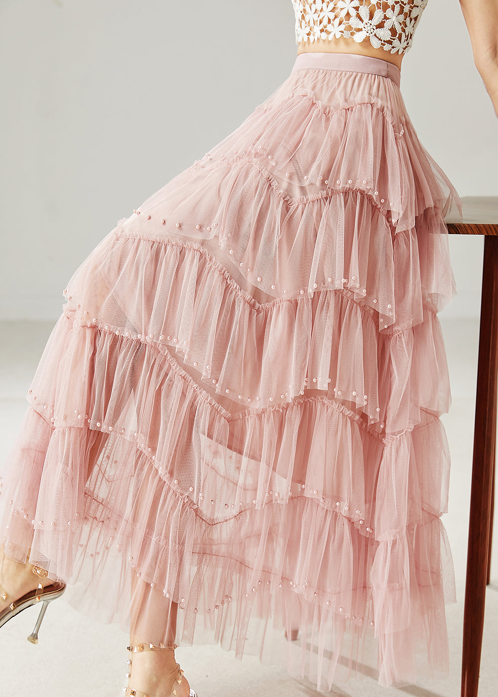 Pink Nail Bead Layered Tulle Beach Skirt Summer