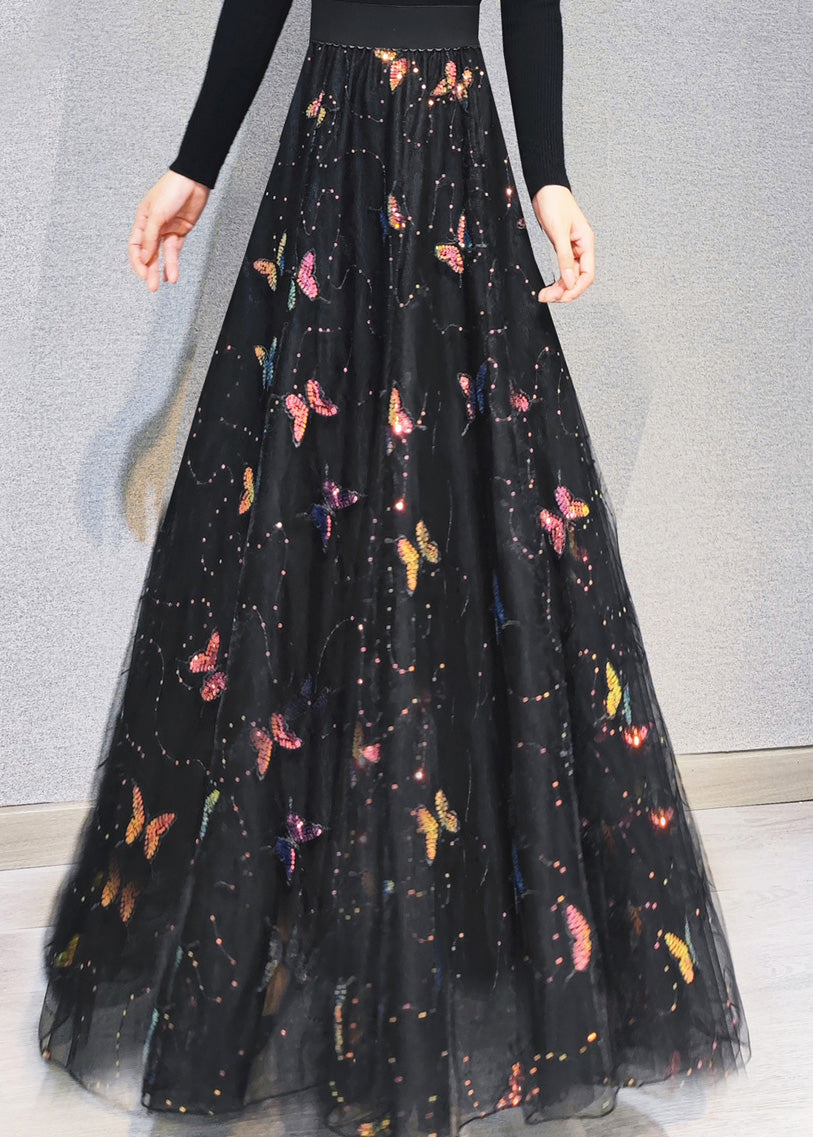 Embroidered Floral High Waist Sequins Tulle Maxi Skirts Spring