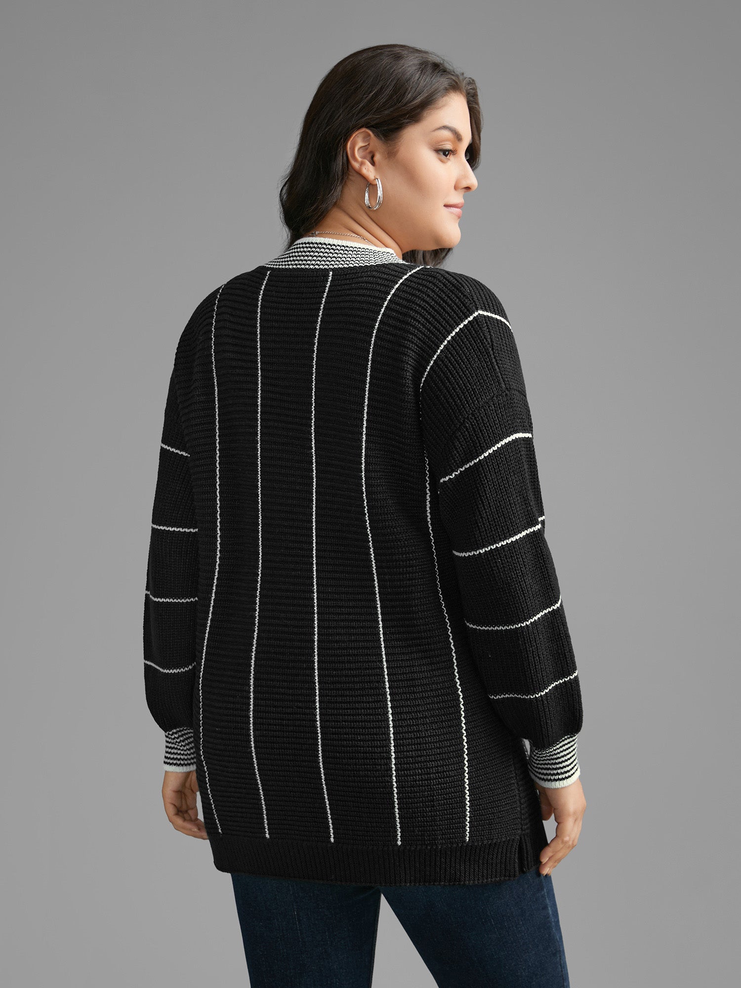 Texture Contrast Striped Lantern Sleeve Pullover
