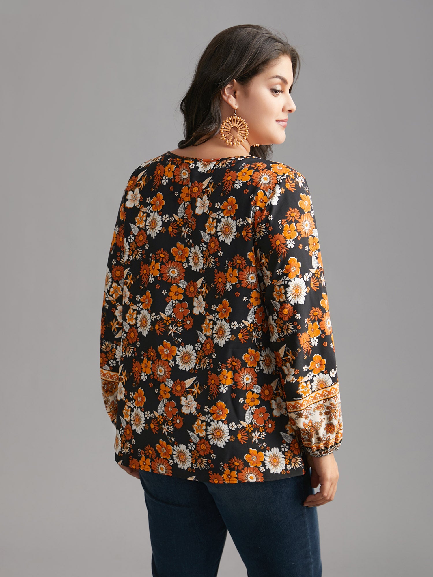 Boho Print Tie Knot Lantern Sleeve Blouse