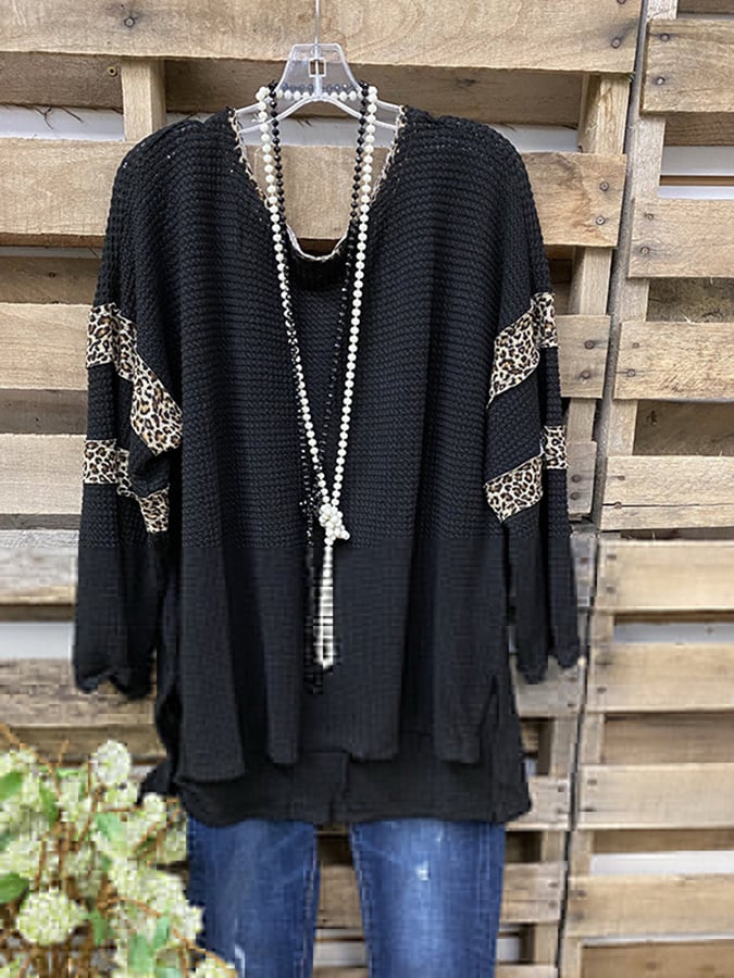 Leopard Stitching Design Waffle Long-Sleeved Shirt
