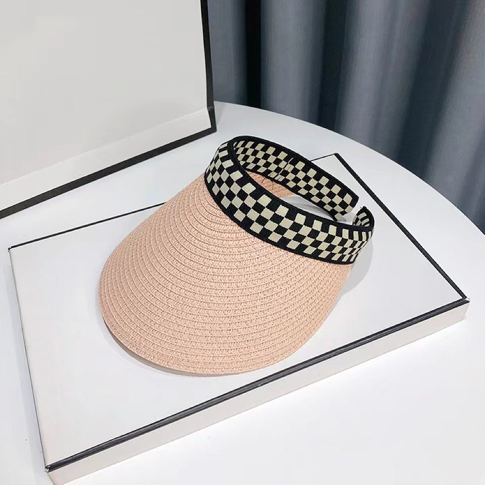 Checkered Band Straw Visor Hats