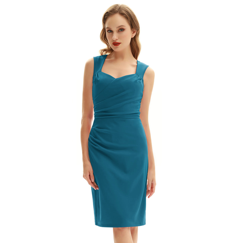 Vintage Ruched Bodycon Dress Sleeveless Surplice V-Neck Pencil Dress
