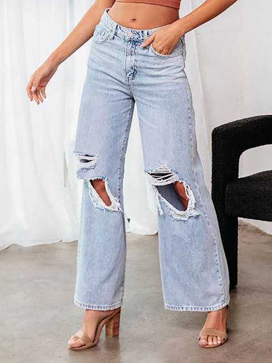 Stylish ripped mid-waist wide-leg denim pants