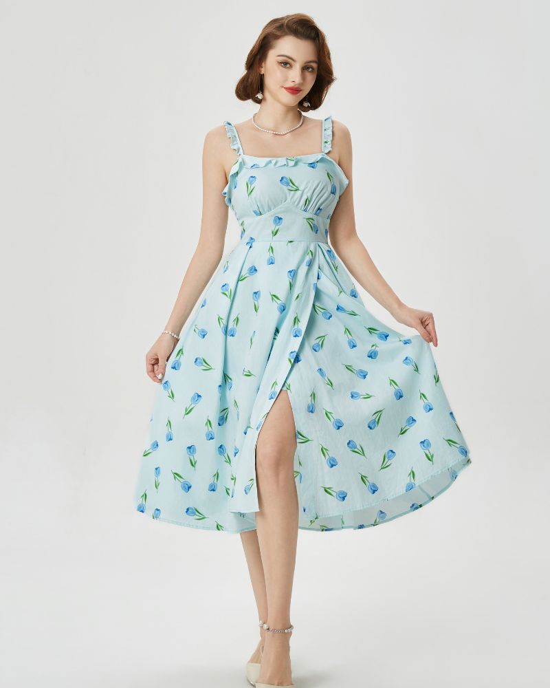 Floral Summer Dresses for Women 2024 Midi Sun Dresses Flowy Spaghetti Strap Dress with Pockets