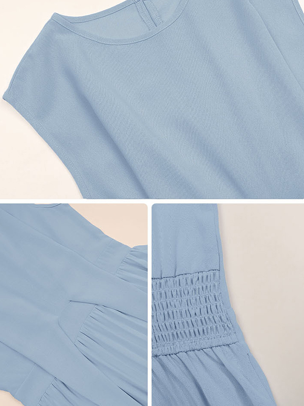 Loose Raglan Sleeve Elasticity Pleated Solid Color Split-Joint Tied Waist Round-Neck Midi Dresses