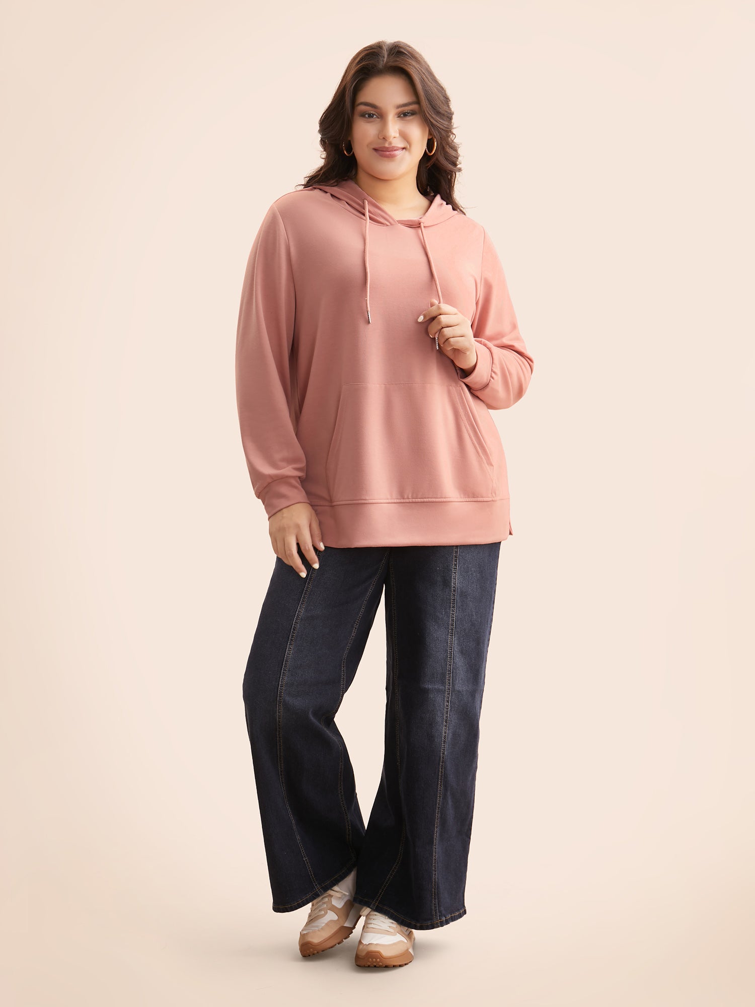 Solid Slightly Stretchy Hooded Drawstring Sweatshirt