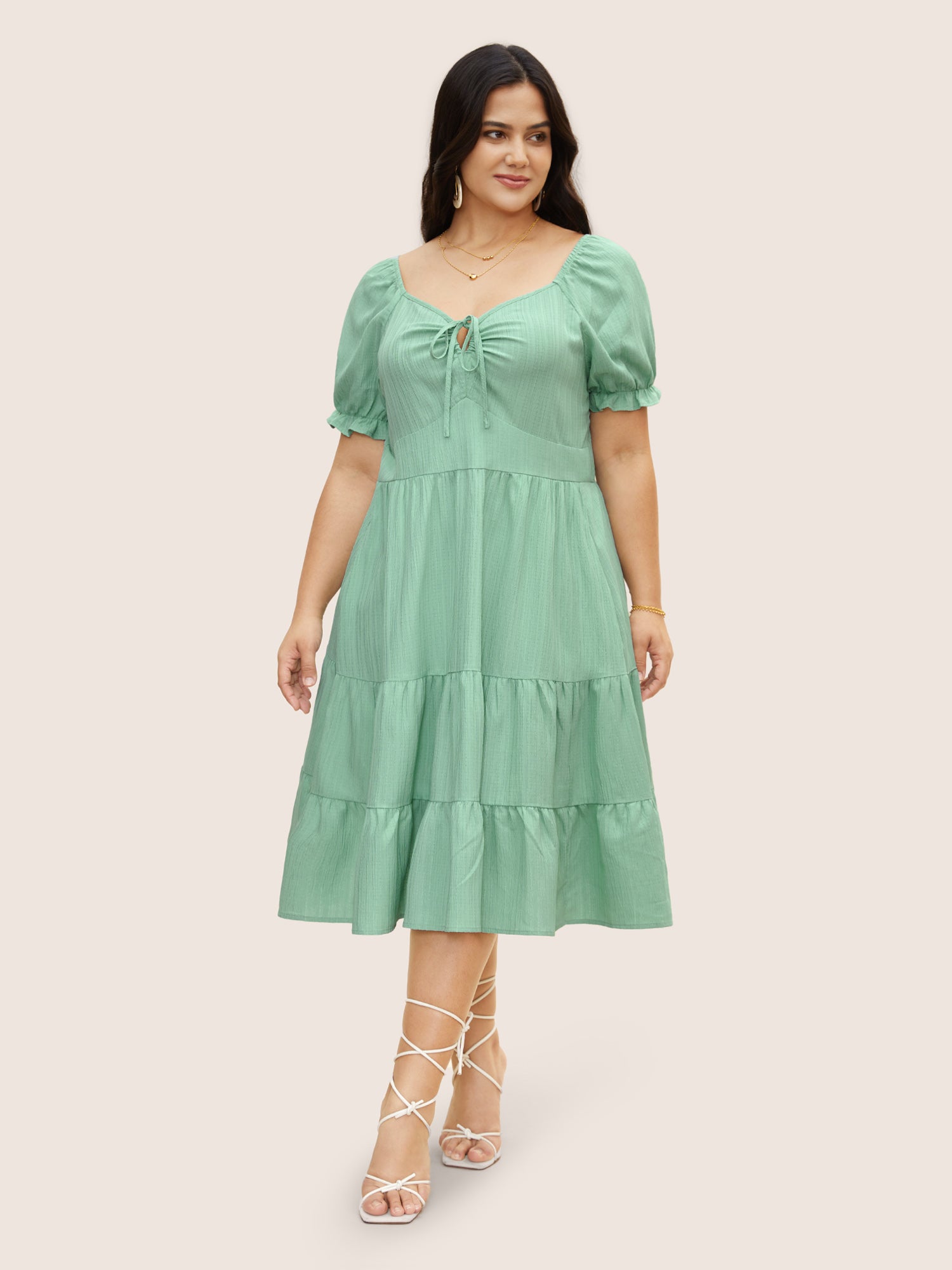 Heart Neckline Drawstring Ruffle Layered Hem Dress