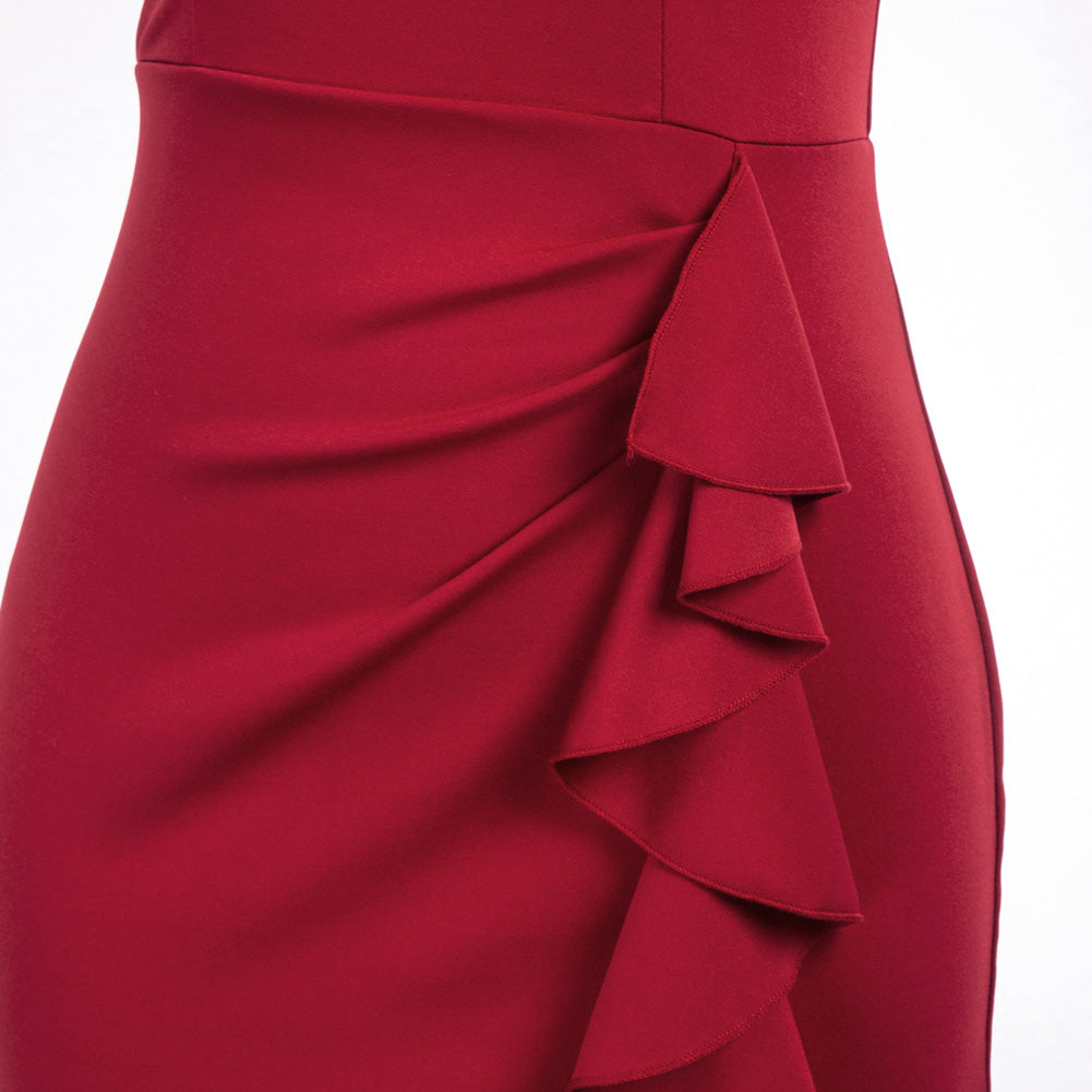 Women One Shoulder Dress Ruffle Decorated Front Slit Bodycon Dress