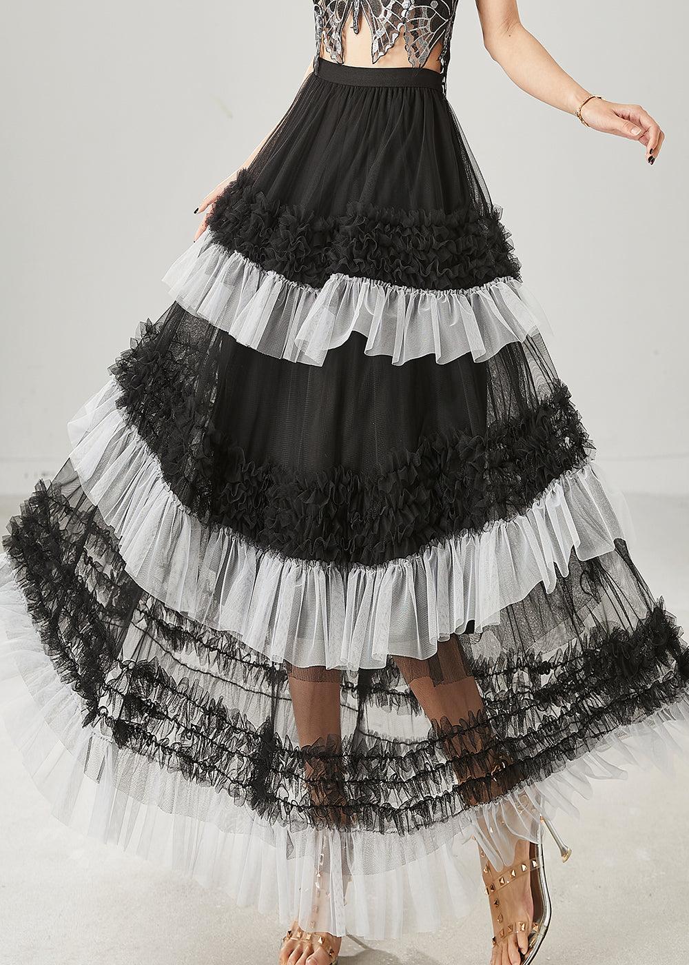 Black Patchwork Tulle Beach Skirt Ruffled Summer