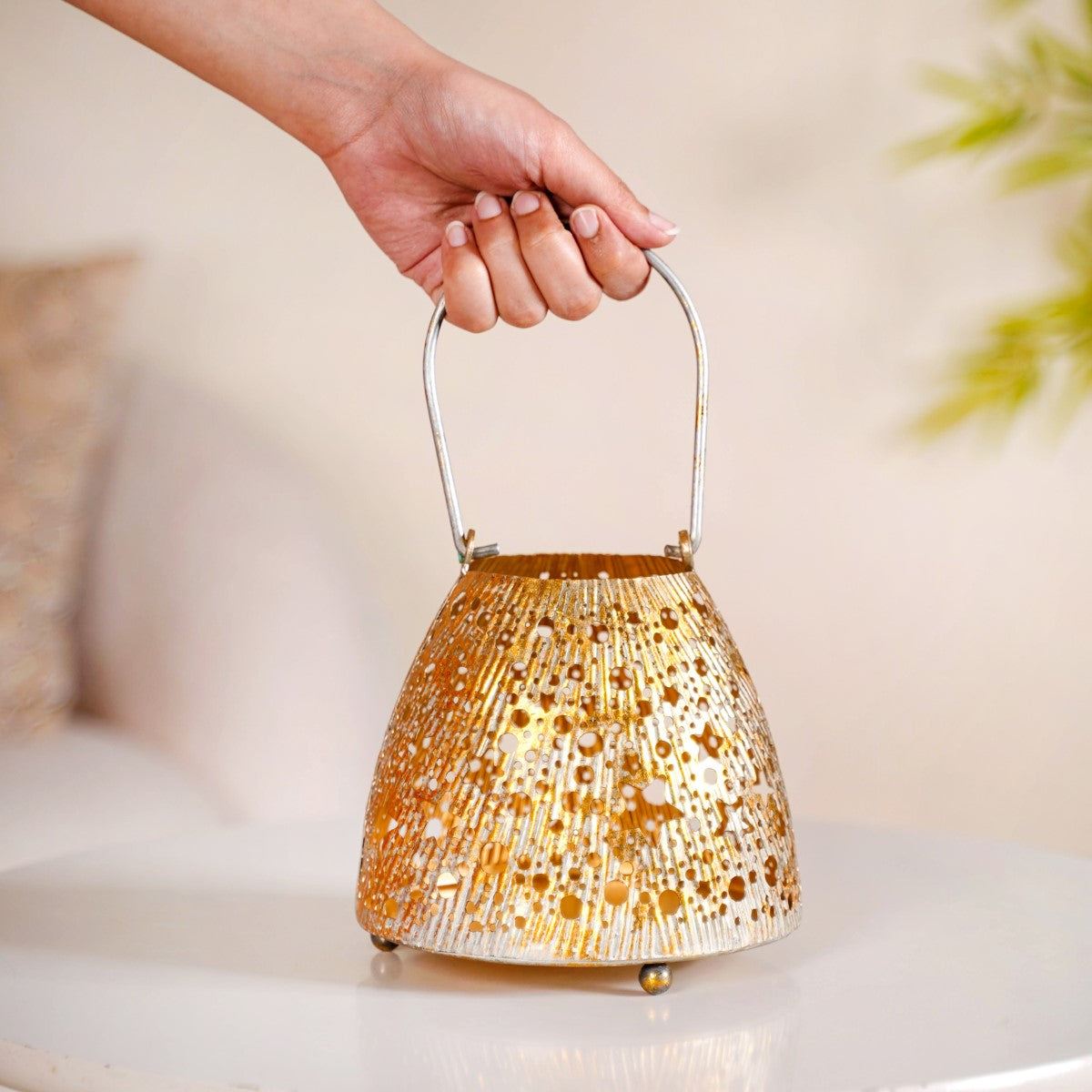 Stars And Moon Festive Metal Lantern With Handle