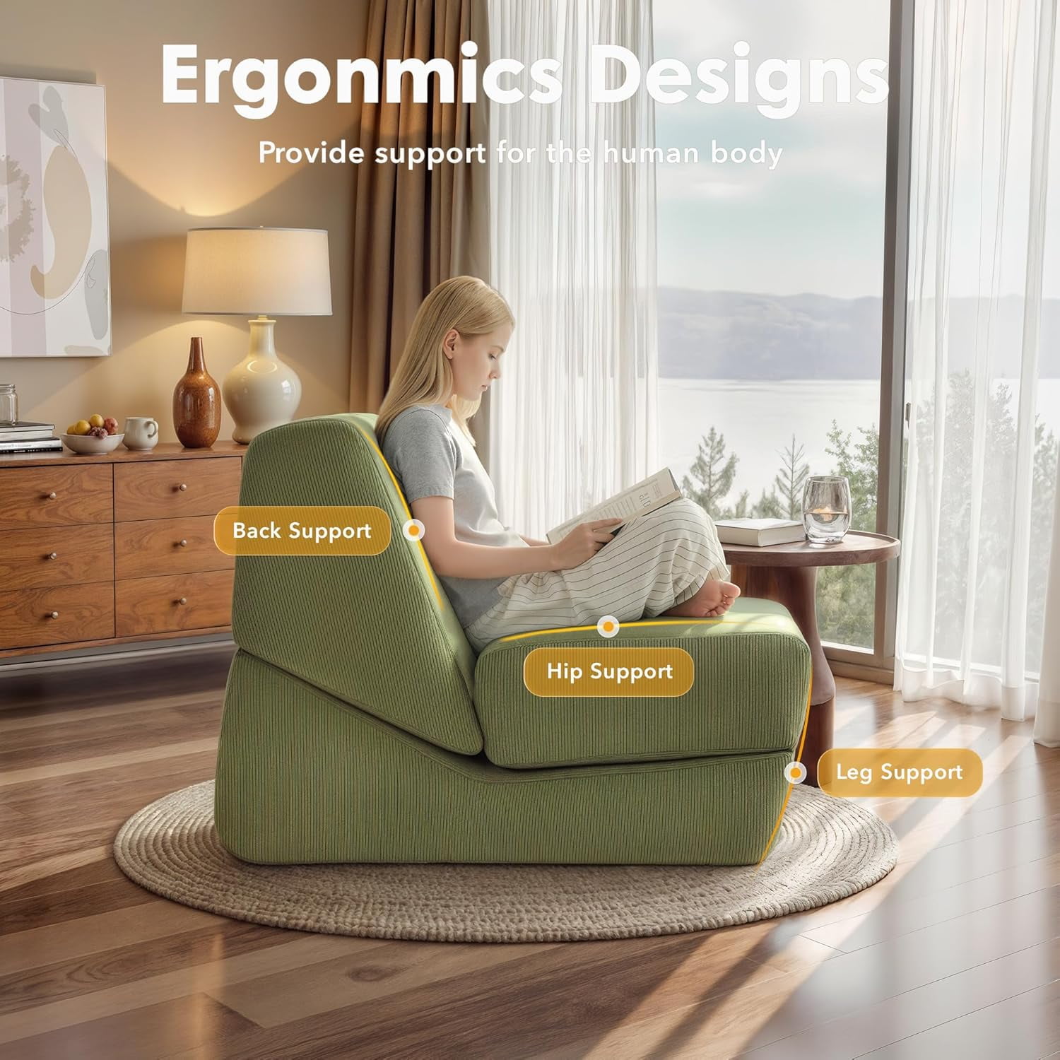 Folding Sofa Bed, 3 in 1 Convertible Sleeper Chair, Floor Couch with Back Support, Single Chair Bed for Living Room