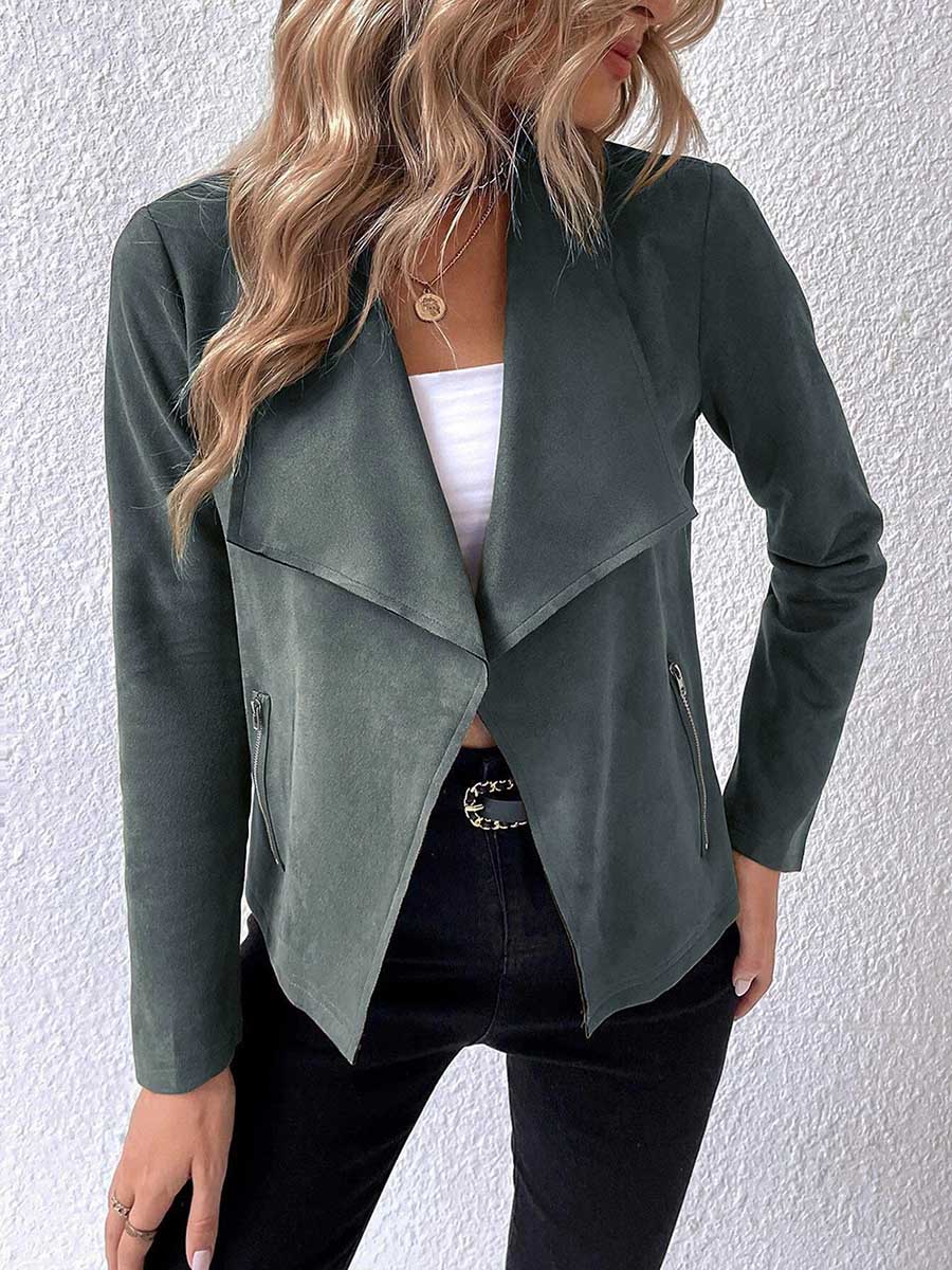 Leather Velvet Lapel Long Sleeve Zipper Jacket