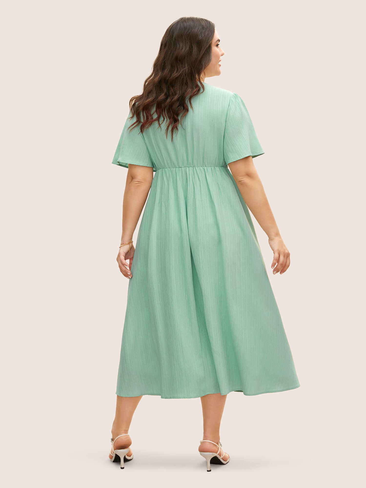 V Neck Button Detail Flutter Sleeve Dress