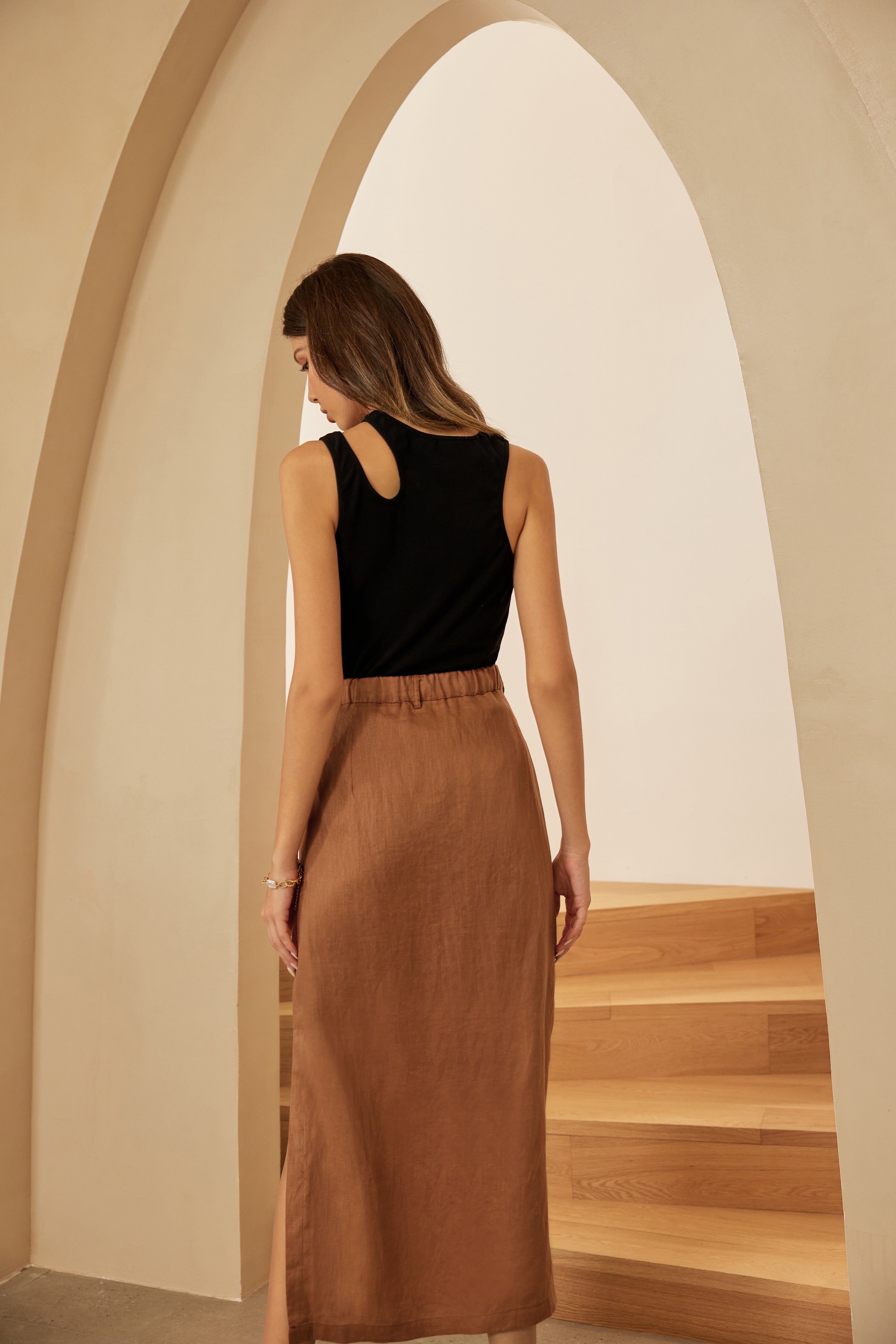 Linen Skirt Comfy Elastic High Waist Side Slit Straight Midi Skirt