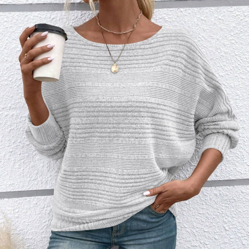 💜Solid Round-Neck Striped Top with Long Sleeves