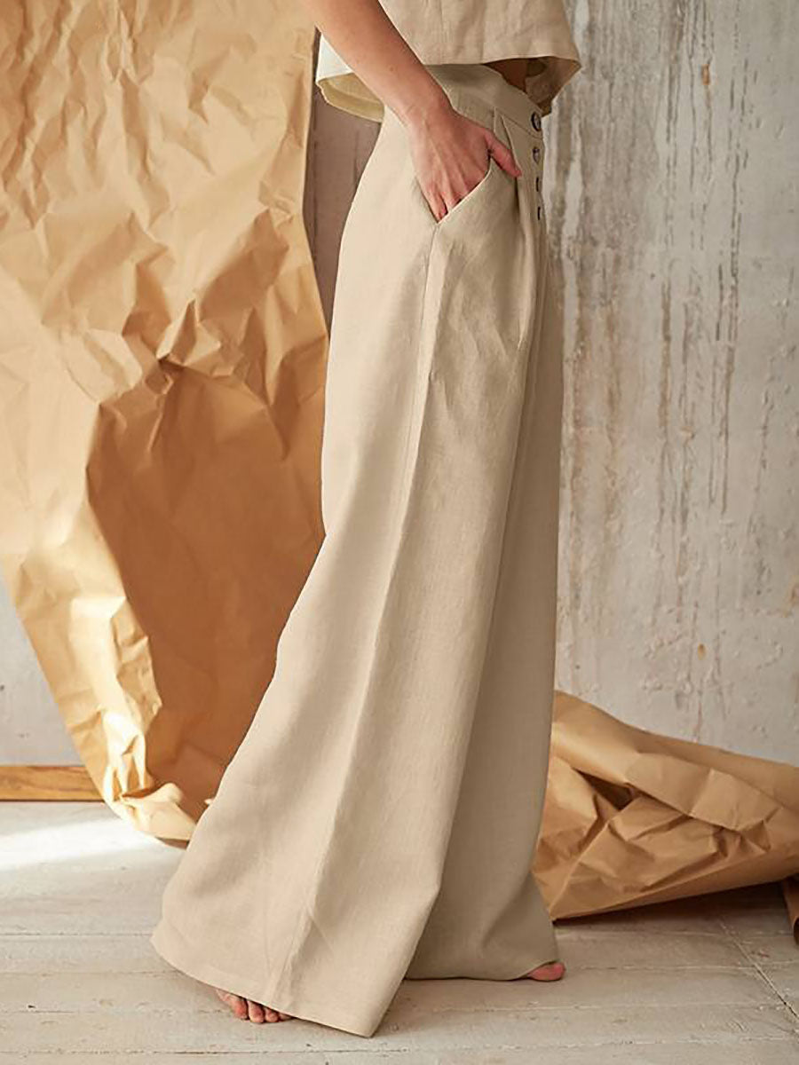 Solid Color High Waist Casual Button Wide Leg Pants