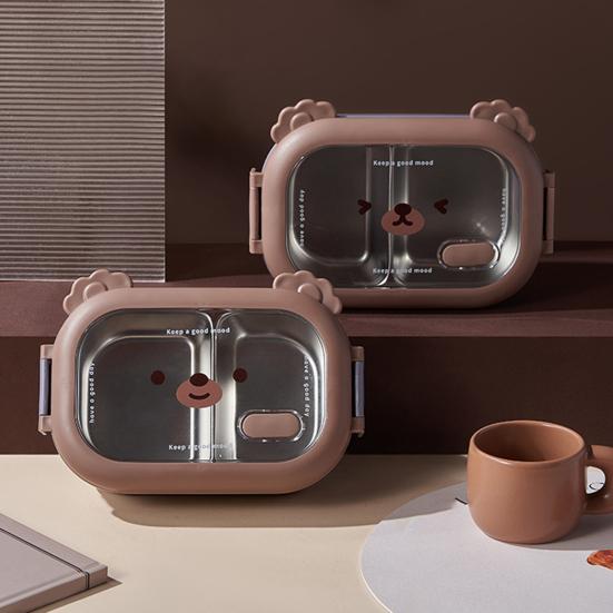 Stainless Steel Children Bento Lunch Box. Bear Cartoon Lunch Box Container Double Sided Lock Design